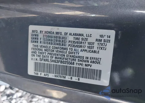 2015 Honda Odyssey Ex-L from USA, damaged, VIN 5FNRL5H63FB025568